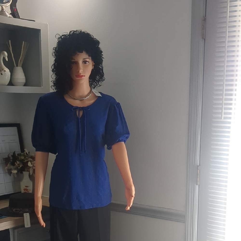 NY Collection Blue Fitted Short Sleeve Blouse